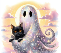a black kitty with a cuddly ghost
